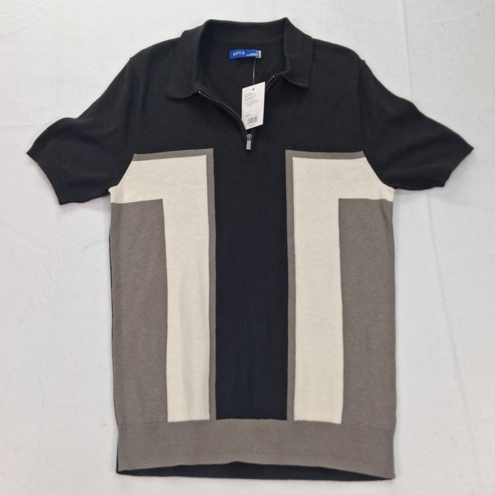 Apt. 9 Sweater Polo Mens Small Zip-Front Mineral Black Colorblock NEW